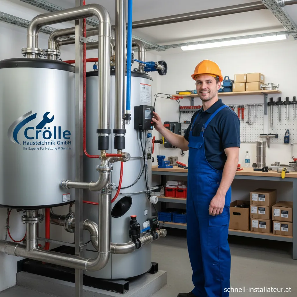 Mitarbeiter der Crölle Haustechnik GmbH bei der Installation einer modernen Heizungsanlage