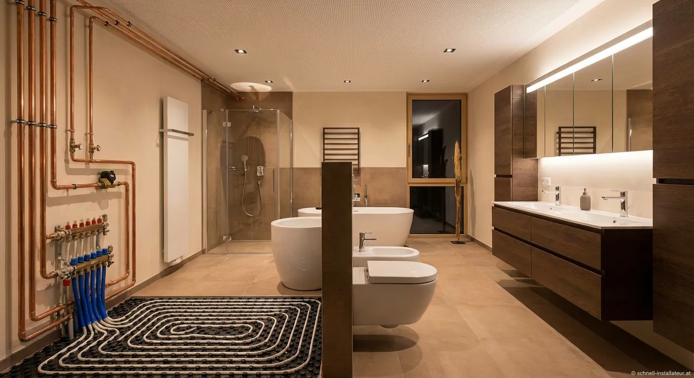 Mitarbeiter der Firma Renner Sanitär bei der Installation einer Badarmatur