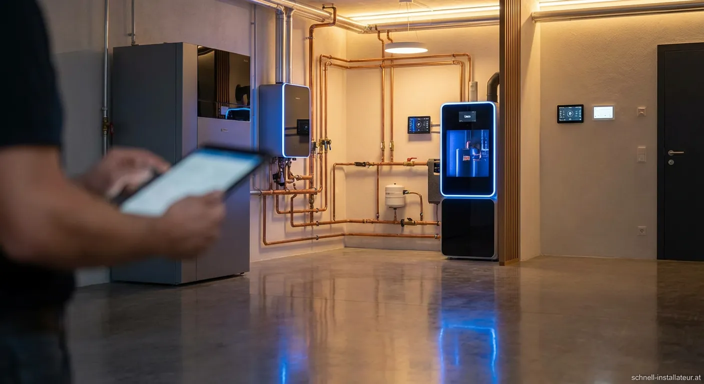 Techniker prüft eine moderne Haustechnik Knoll Heizungsanlage