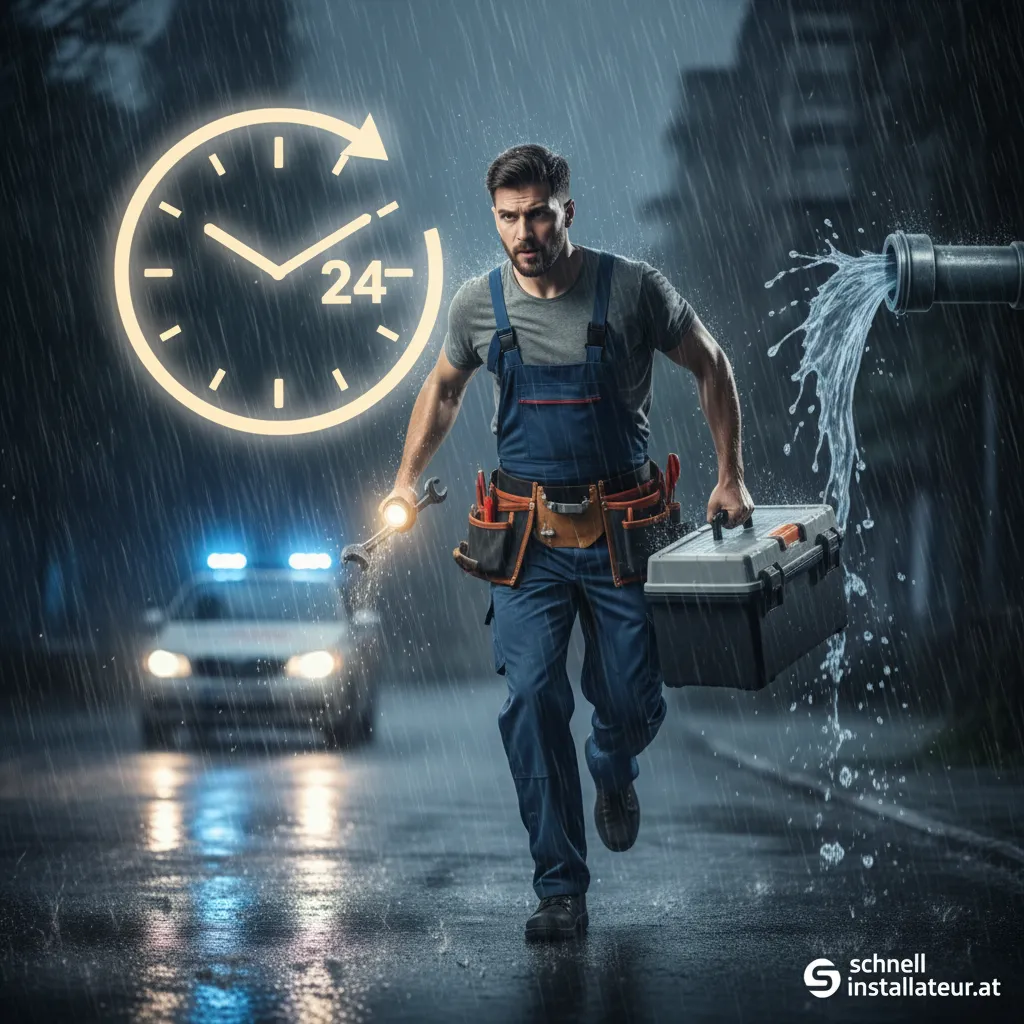 Ein Installateur repariert nachts einen Rohrbruch im Badezimmer.