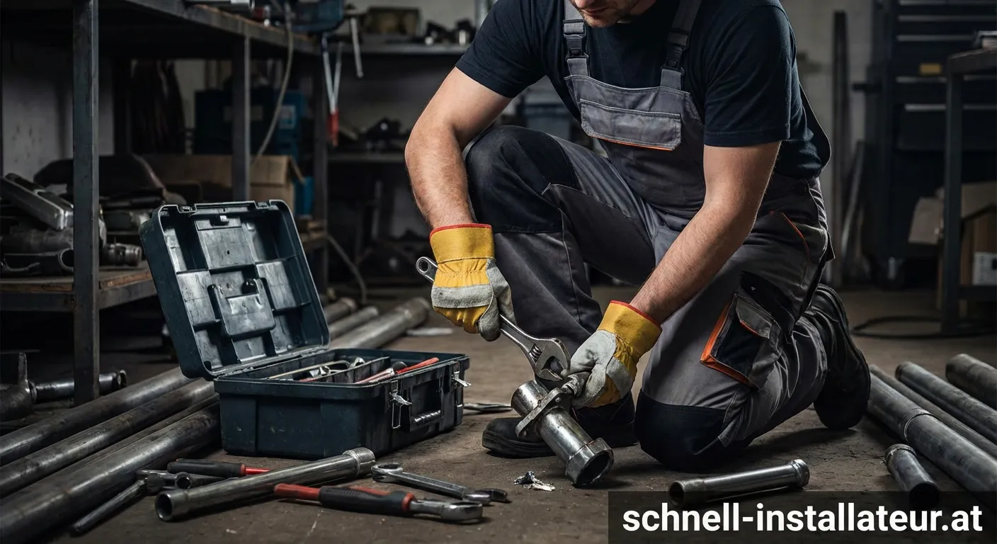 Installateur führt Notfall Metalltechnik Reparatur an einem Rohr durch