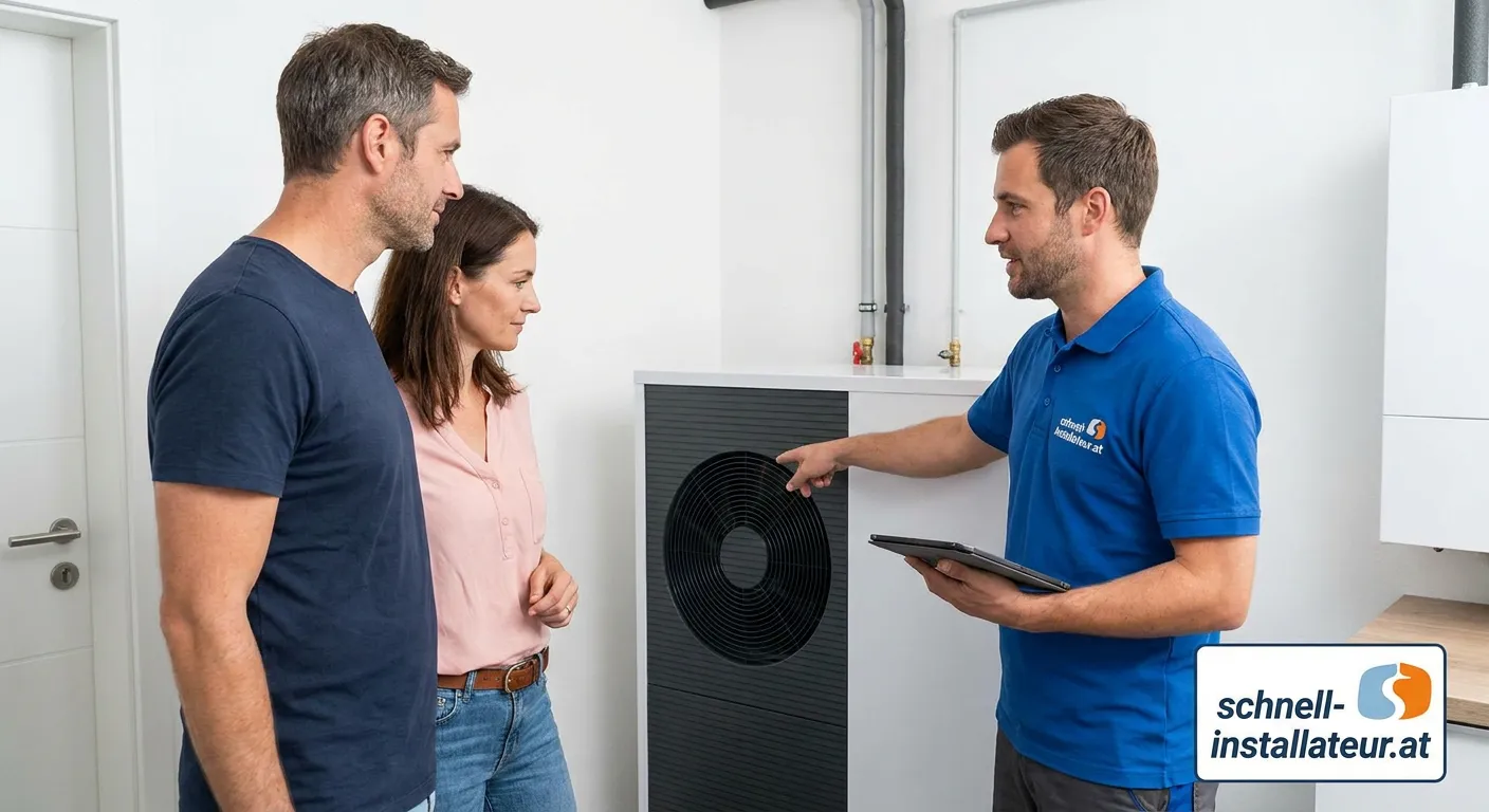 Installateur montiert eine Wärmepumpe in einem Einfamilienhaus