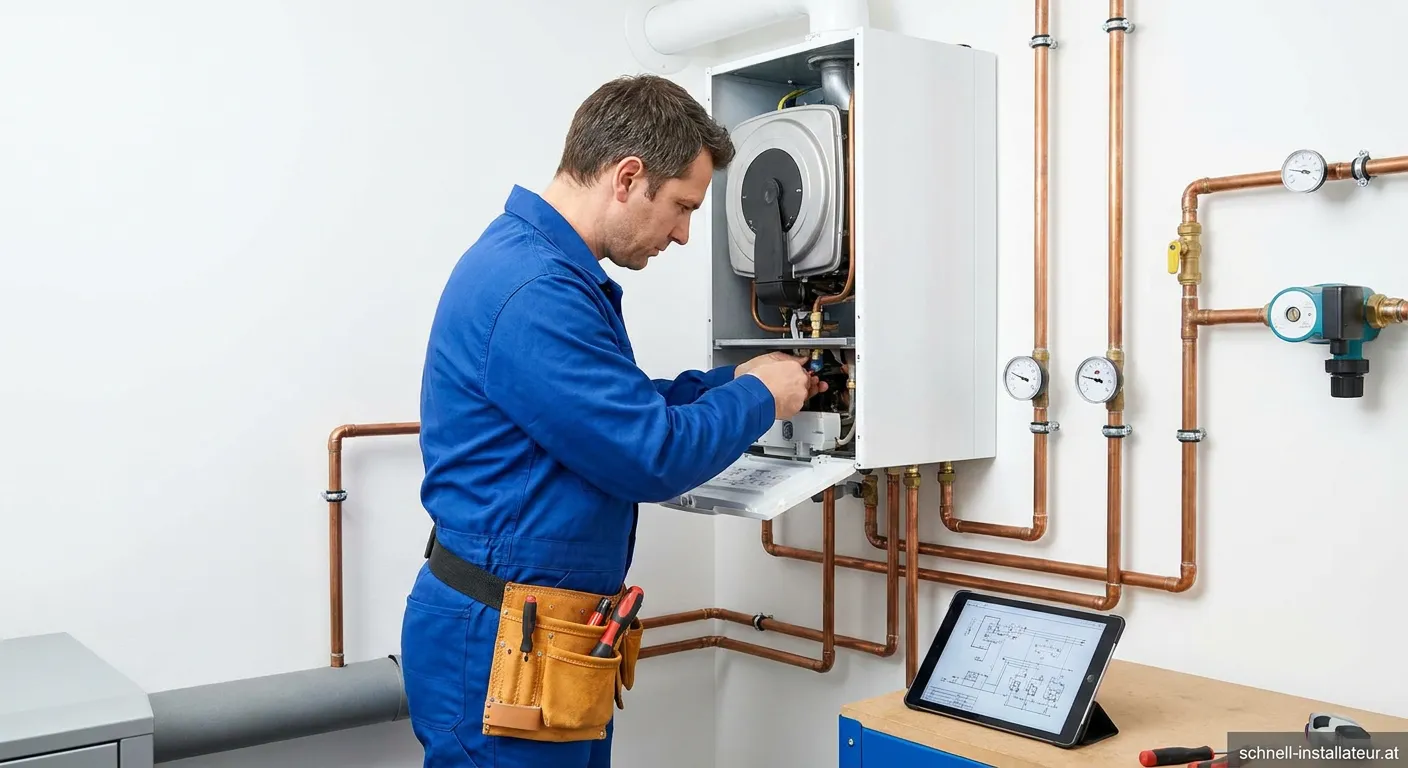 Junghofer Installateur bei der Arbeit an einer Heizungsanlage