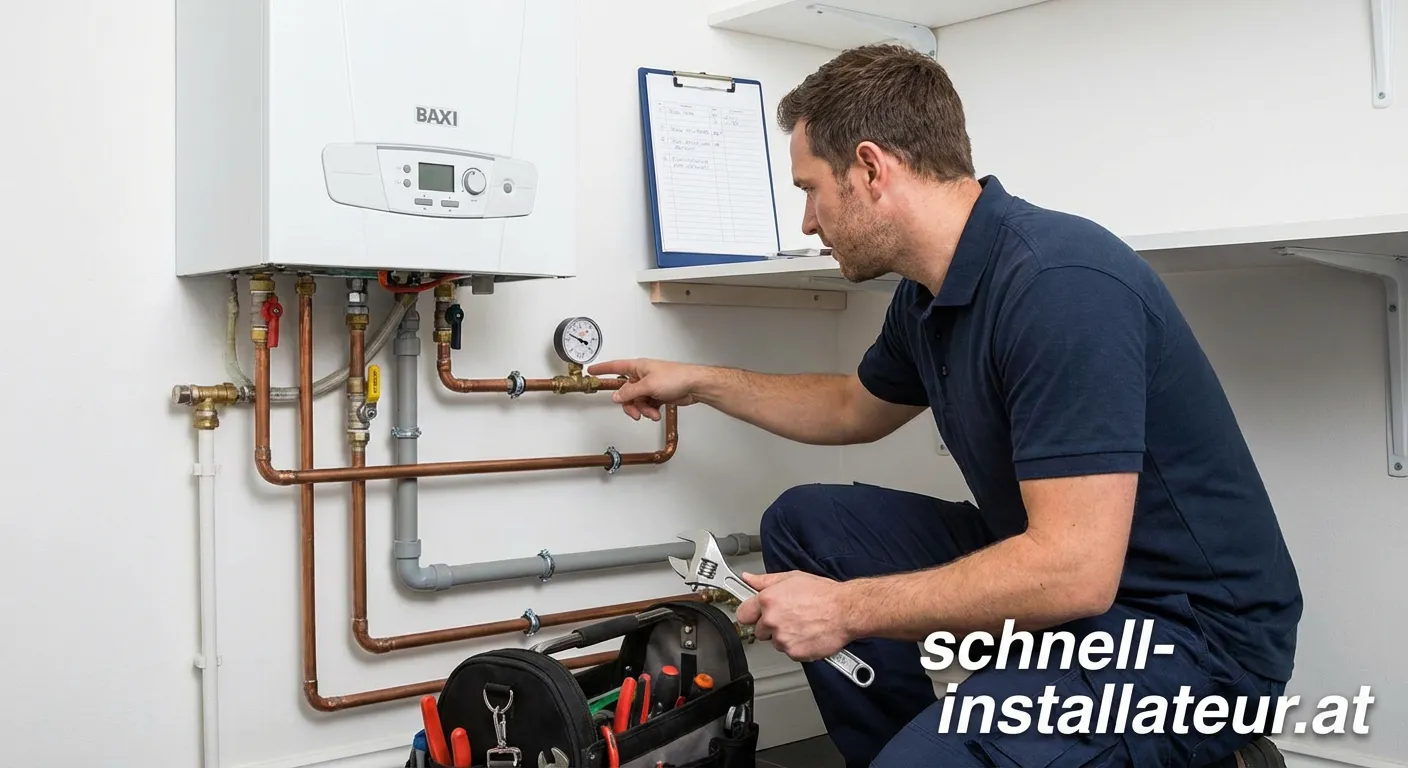 Klempner bei der Wartung einer Baxi Gastherme und Prüfung der Gasleitung